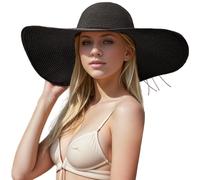 Women's Folable Floppy Hat,Wide Brim Sun Protection Straw Hat UPF 50 Summer Hat Foldable Roll up Floppy Beach Hats for Women, Black-1, 7 1/8/7 1/4