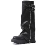 Women's Fold Over Knee High Boots 8cm Platform Chunky High Heels Mid-Calf Gothic Boots Slouch Boots Metallic Boots(Black1,6)