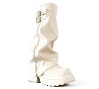 Womens Fold Over Knee High Boots Chunky Platform Comfy Wide Calf Side Zipper With Buckle Decor Riding Boots Festival Concert Punk Rave Boots, White, 1.5 UK