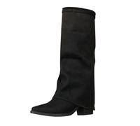 Womens Fold Over Knee High Boots Suede Look Wedge Heel Slouch Footwear