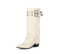 Women's Fold Over Western Boots Studded Chunky Heel Festival | leather mid calf boots, 5cm block heel, pointed toe, slouchy fold over style, studded buckle, retro punk festival shoes