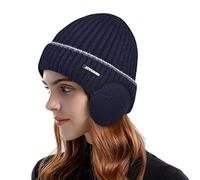 Women's Foldable Handmade Ear Warm Wool Cap Cotton Hat Knitted Hat Windproof Cold Hat Plaid Hats for Women (Navy, One Size)
