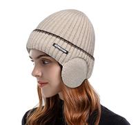Women's Foldable Handmade Ear Warm Wool Cap Cotton Hat Knitted Hat Windproof Cold Hat Plaid Hats for Women (Beige, One Size)