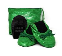 Women's Foldable Portable Travel Ballet Flat Roll Up Slipper Shoes, Green - Sequins, L
