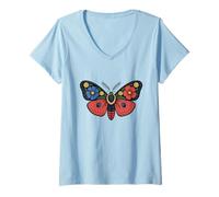 Womens Folk Art Moth with Bright Floral Wing Patterns V-Neck T-Shirt