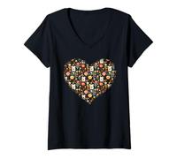 Women's Folk Cat Art Floral Midnight Boho Black Pattern V-Neck T-Shirt