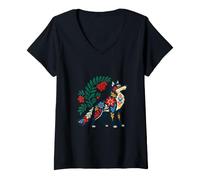 Women's Folk Wolf Fern Crescent Garden V-Neck T-Shirt