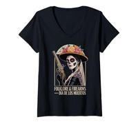 Womens Folklore Firearms La Catrina Lady - Day of The Dead Vintage V-Neck T-Shirt