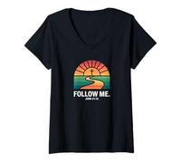 Womens Follow Me John 21:19 Christian Sunset Pathway Design V-Neck T-Shirt