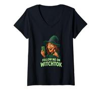 Womens Follow Me on Witchtok Funny Old Witch with Phone Halloween V-Neck T-Shirt