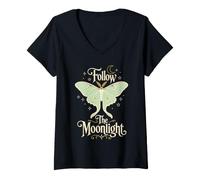 Women's Follow The Moonlight Moth Celestial Moon V-Neck T-Shirt