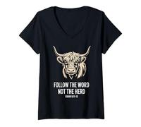 Womens Follow The Word Not The Herd Christian Cow Bible Verse V-Neck T-Shirt