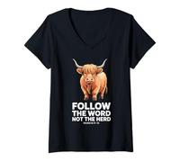 Womens Follow The Word Not The Herd Christian Cow Bible Verse V-Neck T-Shirt