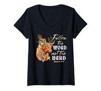 Women's Follow The Word Not The Herd Christian Floral Highland Cow V-Neck T-Shirt