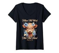 Womens Follow The Word Not The Herd Christian Western Highland Cow V-Neck T-Shirt