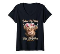 Womens Follow The Word Not The Herd Christian Western Highland Cow V-Neck T-Shirt