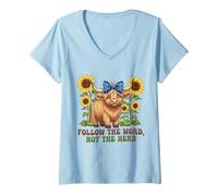 Womens Follow The Word Not The-Herd Highland Cow Bible Verse Faith V-Neck T-Shirt