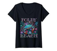 Womens FOLLY BEACH SOUTH CAROLINA BLUE CRAB SUMMER BEACH VACATION V-Neck T-Shirt