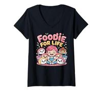 Womens Foodie for Life Funny Cartoon Snack Lover V-Neck T-Shirt