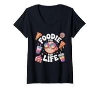 Womens Foodie for Life Funny Cartoon Snack Lover V-Neck T-Shirt