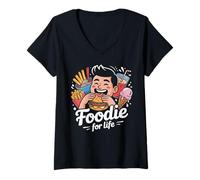 Womens Foodie for Life Funny Cartoon Snack Lover V-Neck T-Shirt