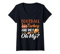 Womens Football Turkey and Pie Oh My Funny Thanksgiving Thankful V-Neck T-Shirt
