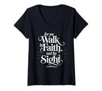 Womens for We Walk Faith Not by Sight Christian Bible Verse V-Neck T-Shirt