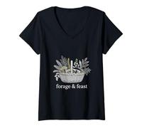 Womens Forage and Feast Mushroom Basket Nature Lover V-Neck T-Shirt