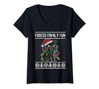 Womens Forced Family fu, Christmas cat Hissing, Angry cat face V-Neck T-Shirt