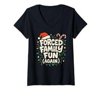 Womens Forced Family Fun Again - Funny Sarcastic Xmas Christmas V-Neck T-Shirt