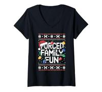 Womens Forced Family Fun Funny Ugly Christmas Sweater Sarcastic V-Neck T-Shirt