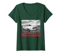 Women's Ford - Mustang 1967 Greyscale Car with Clouds V-Neck T-Shirt, Dark Green, Small