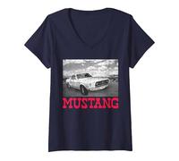 Women's Ford - Mustang 1967 Greyscale Car with Clouds V-Neck T-Shirt, Navy Blue, X-Large