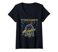 Womens Foreigner Retro Jukebox Hero with Stars Vintage Band V-Neck T-Shirt