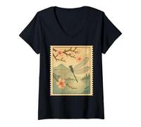 Womens Forest Insect Wildlife Floral Japanese Mt. Fuji Dragonfly V-Neck T-Shirt