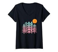 Womens Forest Nature Mountains Geometric Gradient Batik V-Neck T-Shirt