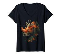 Womens Forest Rhino Bold Sunset Art Outdoor V-Neck T-Shirt