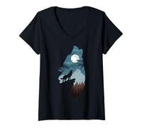 Women's Forest with Full-Moon and Cliff of Silhouette Howling Wolf V-Neck T-Shirt
