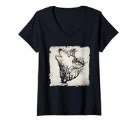 Women's Forest Wolf Silhouette Tree Branch Nature Wildlife Art V-Neck T-Shirt