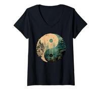 Womens Forest Yin Yang Symbol Zen Balance Misty Trees V-Neck T-Shirt
