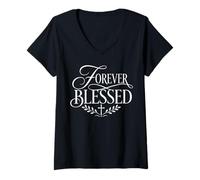 Women's Forever Blessed Christian Faith Grateful Statement V-Neck T-Shirt
