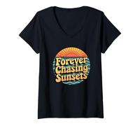 Womens Forever Chasing Sunsets, Camping Sunrise Nature Travel V-Neck T-Shirt