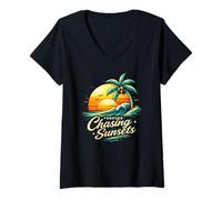 Women's Forever Chasing Sunsets Retro Beach Sunset, Vintage Design V-Neck T-Shirt