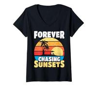 Womens Forever Chasing Sunsets Retro Summer Design Beach Vacation V-Neck T-Shirt