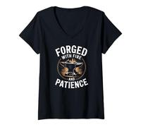 Women's Forged with Fire and Patience Blacksmith Anvil Forge V-Neck T-Shirt