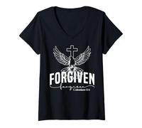 Women's Forgiven Forgiven Colossians 1:14 Bold Typography Design V-Neck T-Shirt