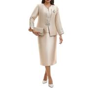 Women's Formal 3 Piece Church Suit Set with Rhinestone Trim Collar Elegant Dress Set for Mother of The Bride Wedding Guest, Beige, 14