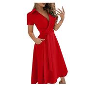 Women's Formal Dresses Summer UK Sale Clerance Short Sleeve T Shirt Dress for Work Office Plain Pockets Dress Ladies Sexy V Neck Midi Dresses with Belt