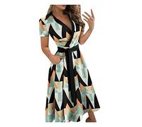 Women's Formal Dresses Summer UK Sale Clerance Short Sleeve T Shirt Dress for Work Office Plain Pockets Dress Ladies Sexy V Neck Midi Dresses with Belt