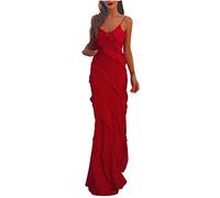 Women's Formal Gowns and Evening Dresses Floor Length Chiffon Long Dress Sexy Hanging Strap Ruffle Edge Maxi Dresses/UK Size/Womens Clothing Red
